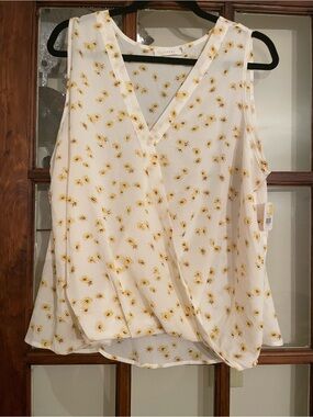 Lush White Sleeveless Wrap-Front Cami with Yellow Floral Print